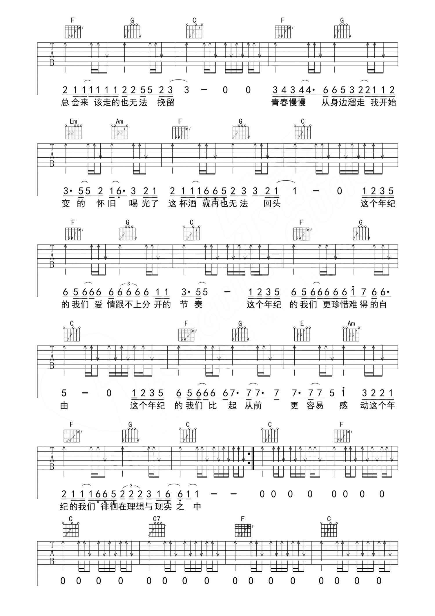 这个年纪F调六线PDF谱吉他谱-虫虫吉他谱免费下载