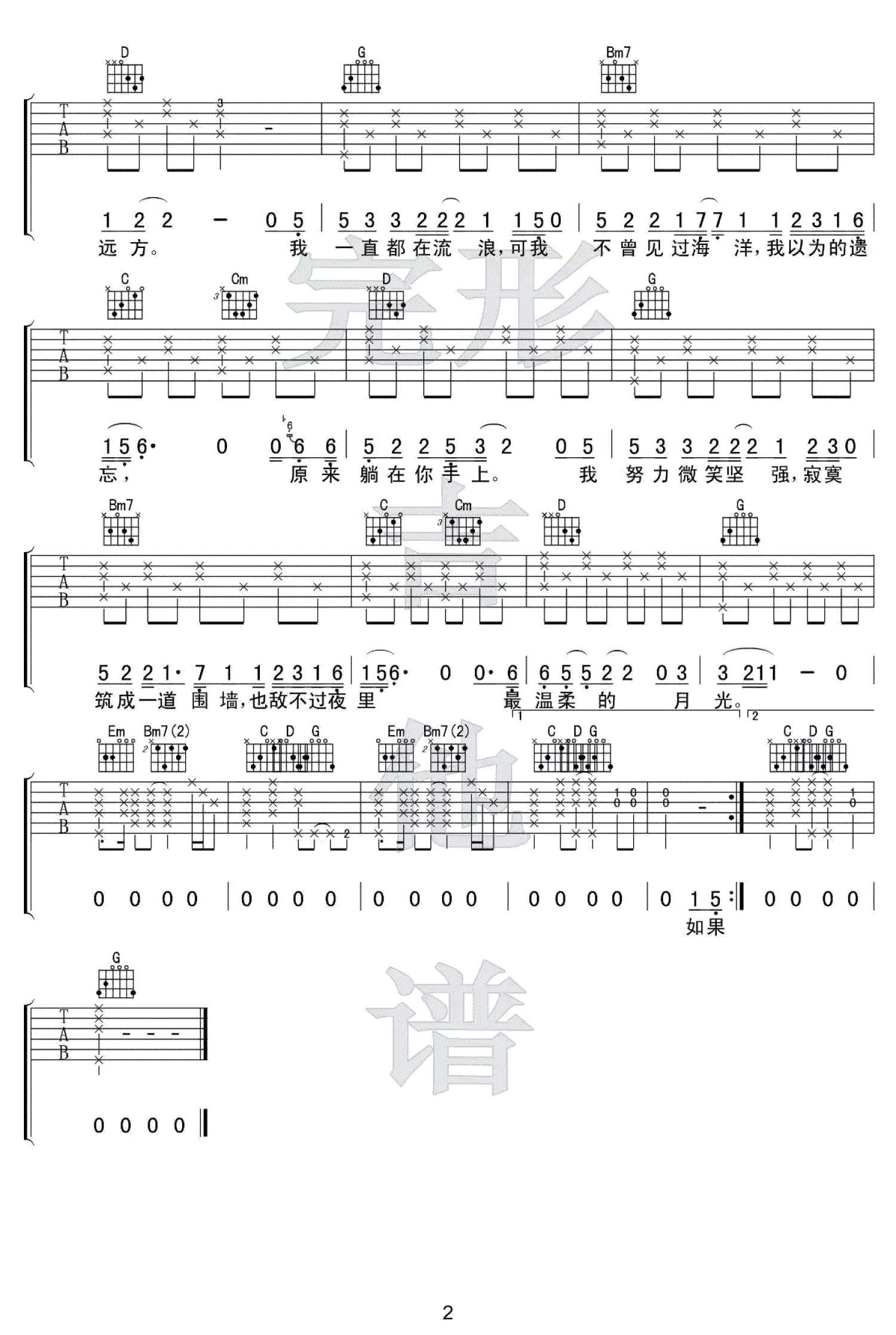林宥嘉残酷月光吉他谱C调简单完整版吉他弹唱初级版六线谱谱子 - 易谱库