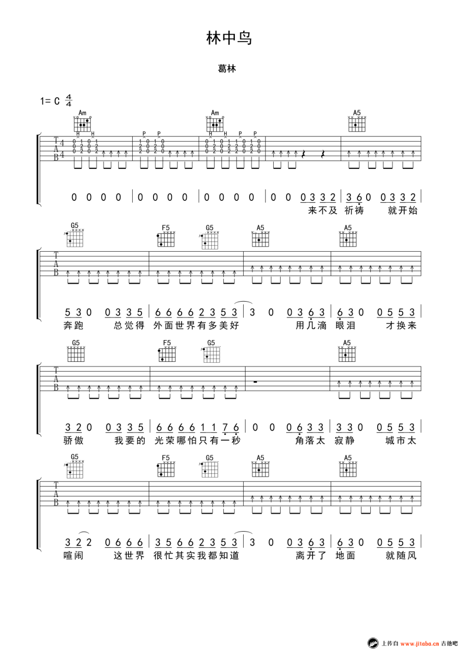 扫弦节奏型《不懂》吉他谱弹唱练习 - C调六线谱图片谱 - 易谱库