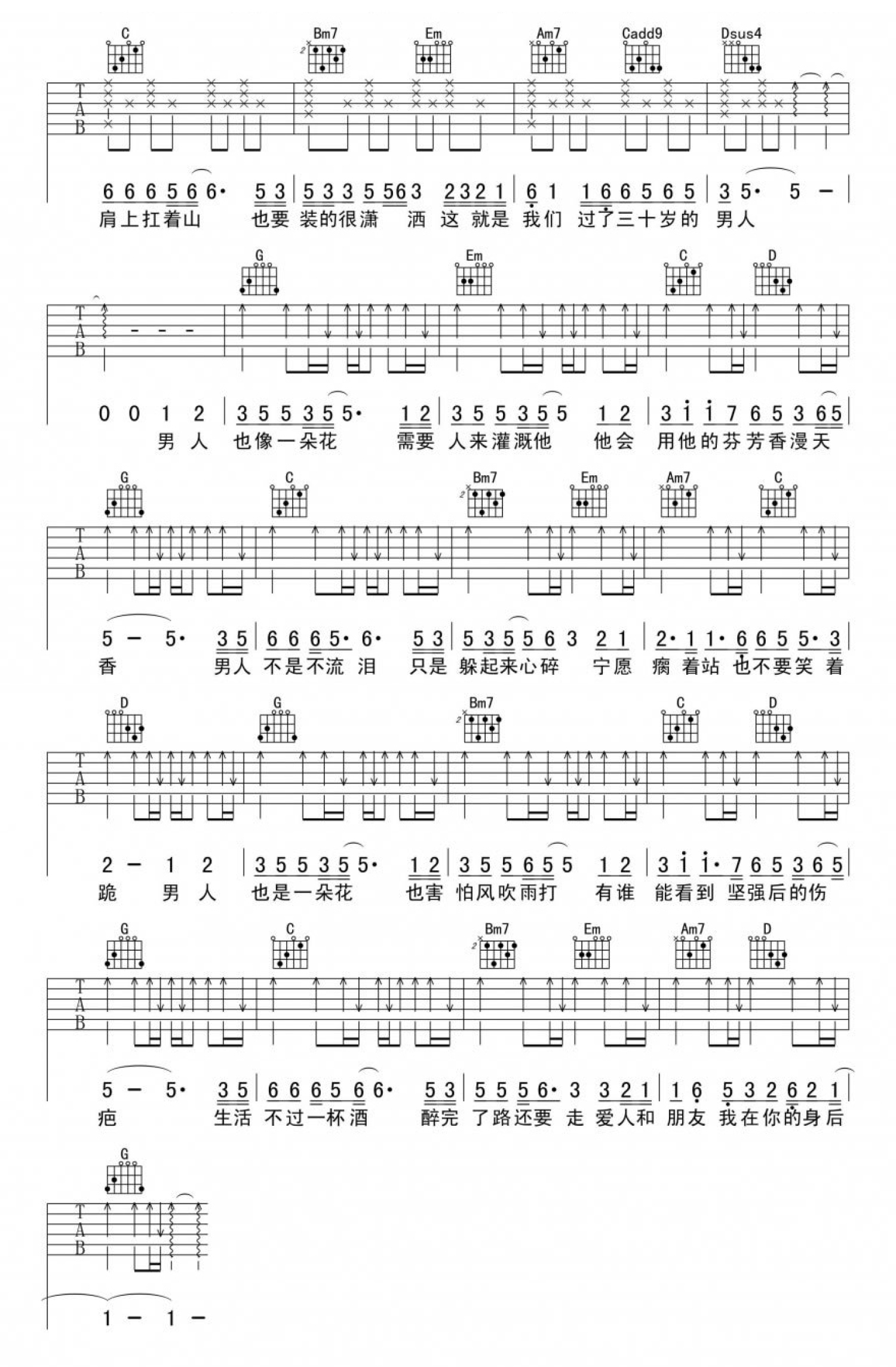 《男人歌》C调简单版吉他谱 - 高进和弦谱(弹唱谱) - 原调D调 - 国语版初级吉他谱 - 易谱库