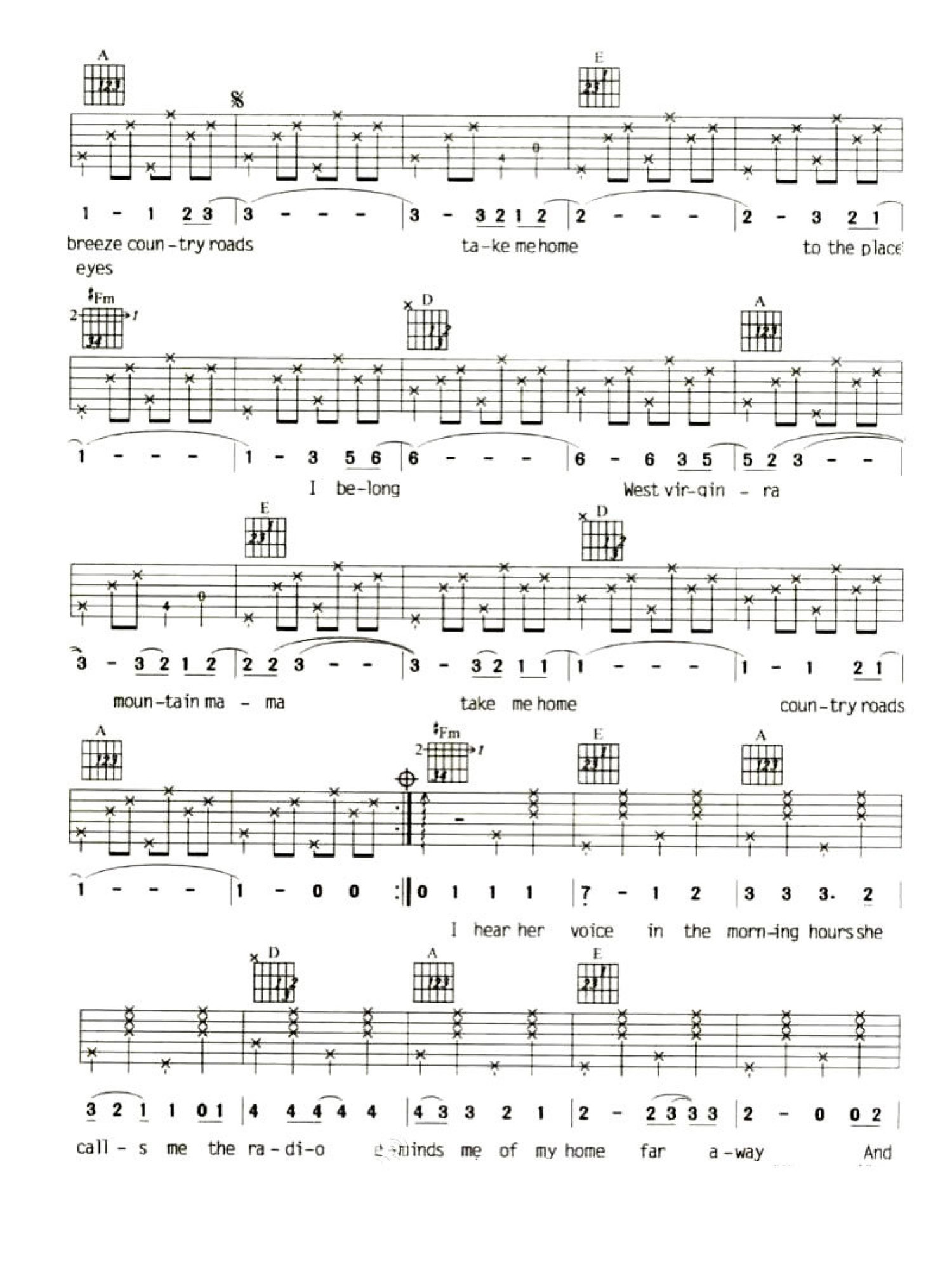 Country Roads Easy Guitar Tab Guitar Tabs For Beginners