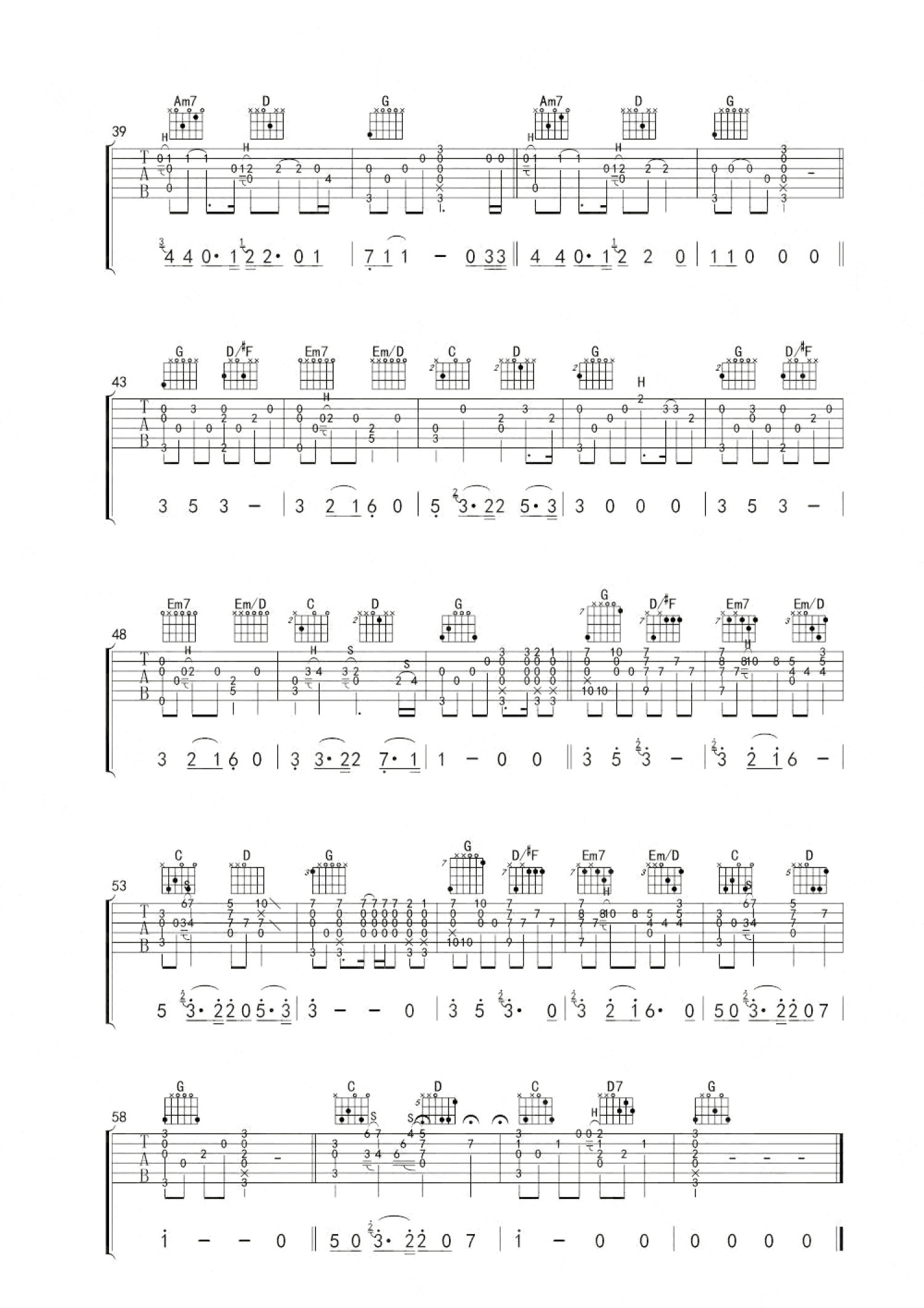 《南山南》吉他谱六线谱C调完整版_张磊_六线谱网
