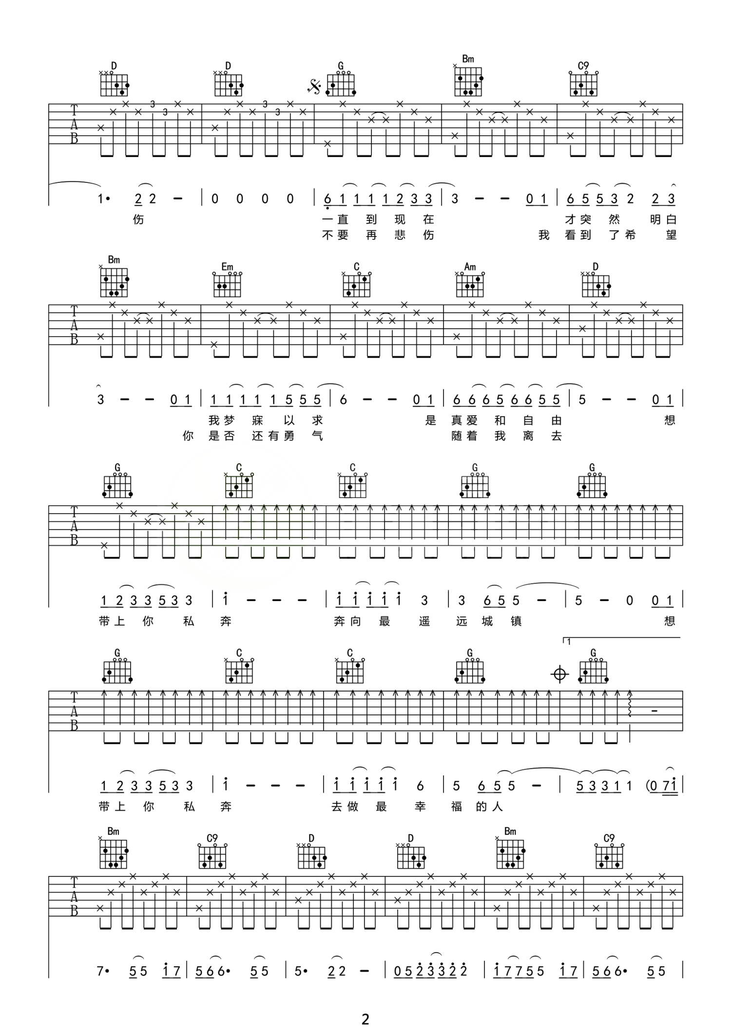 私奔（C调简易版 2级谱例）吉他谱 郑钧 -彼岸吉他 - 一站式吉他爱好者服务平台
