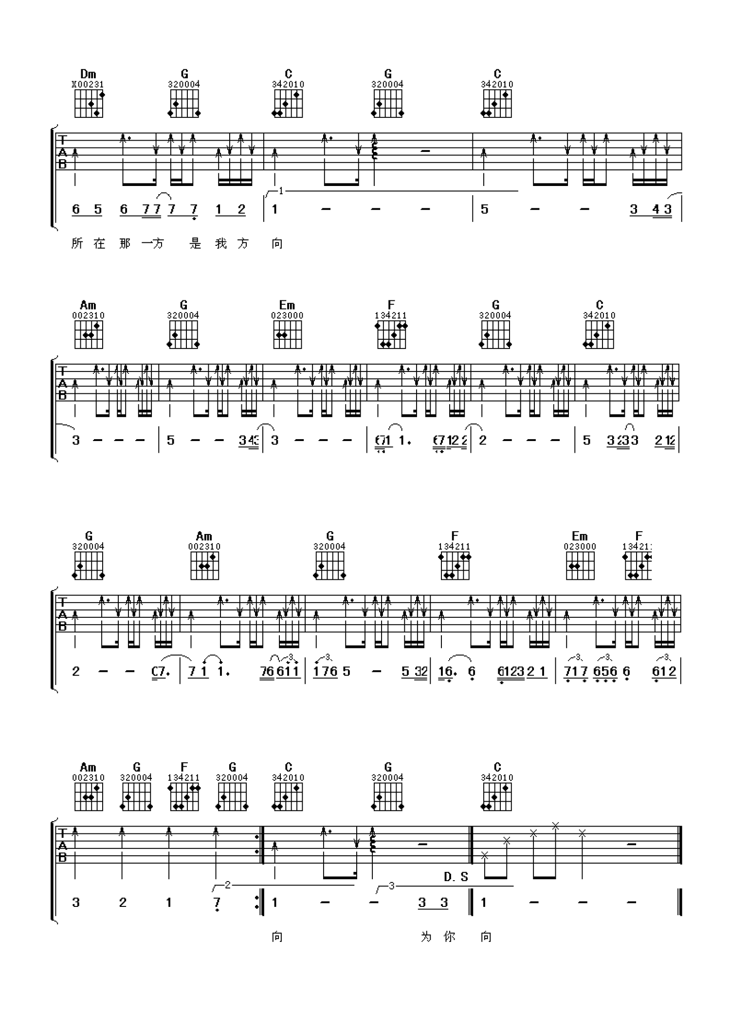 初学者吉他谱《千与千寻》C调简单版 - 原调D调六线谱 - 吉他简谱