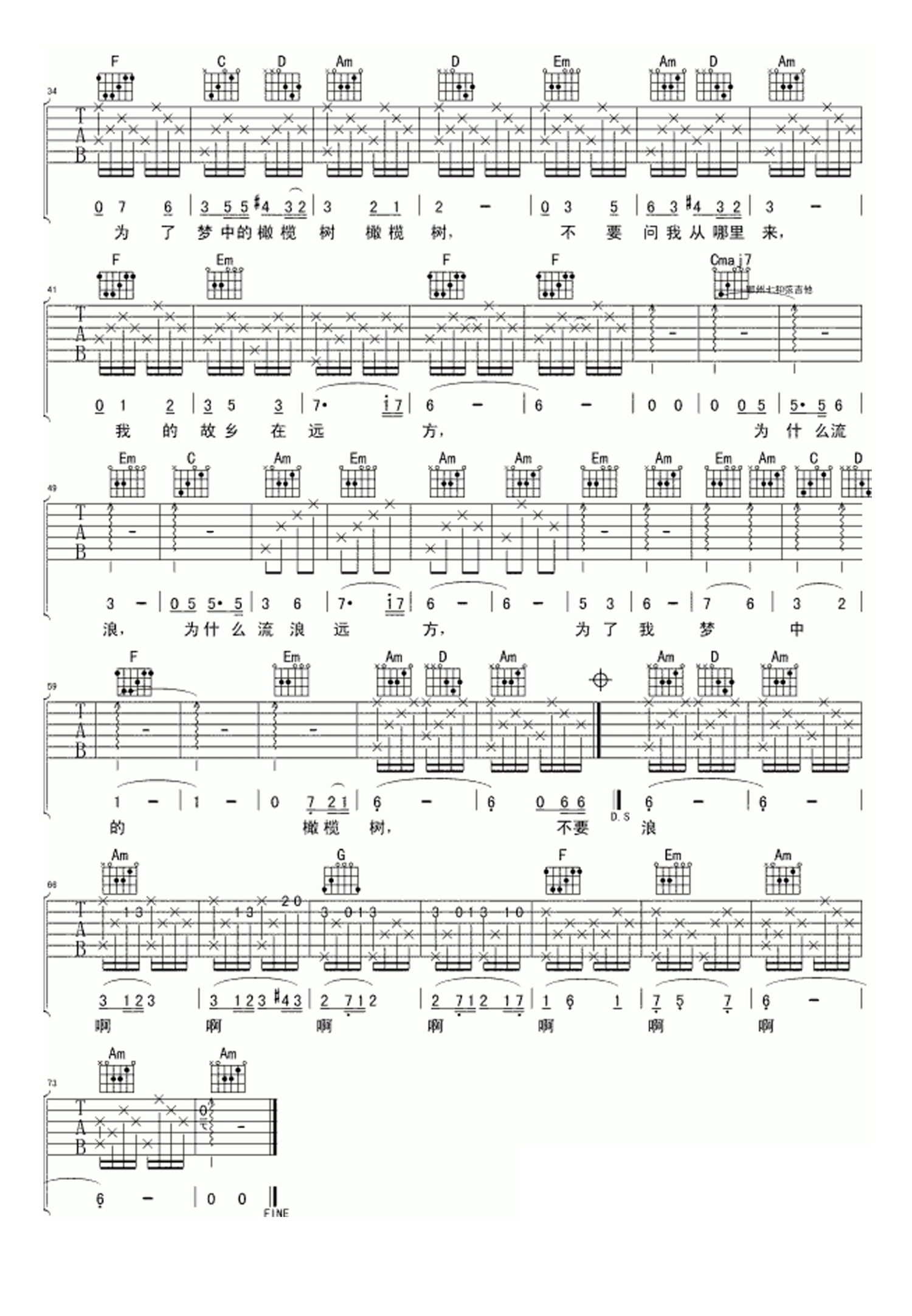 《橄榄树》吉他谱C调和弦简单版 - 卓依婷六线谱 - C调指法编配 - 吉他简谱