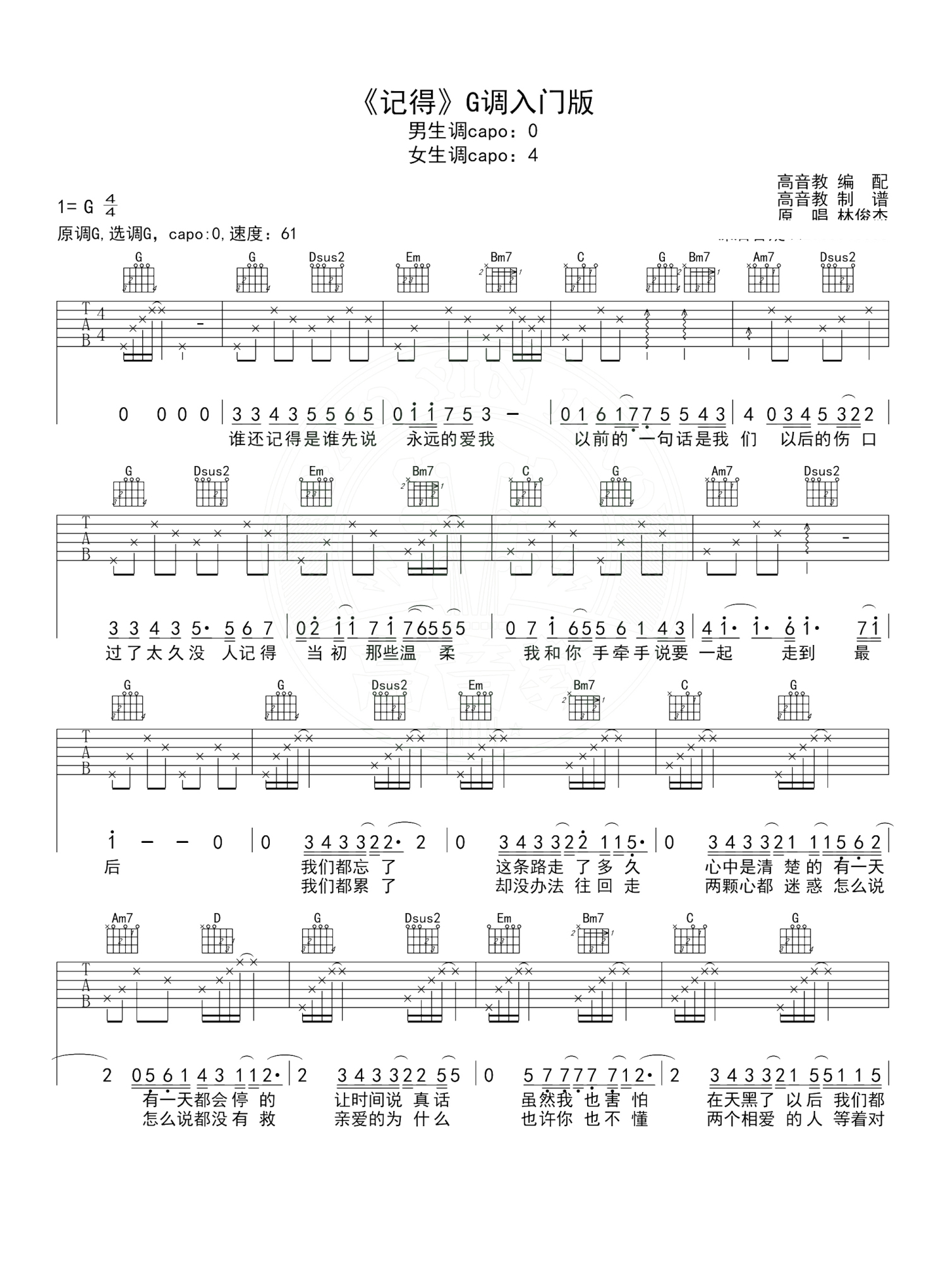 记得 C调简单版 林俊杰 吉他谱 和弦谱