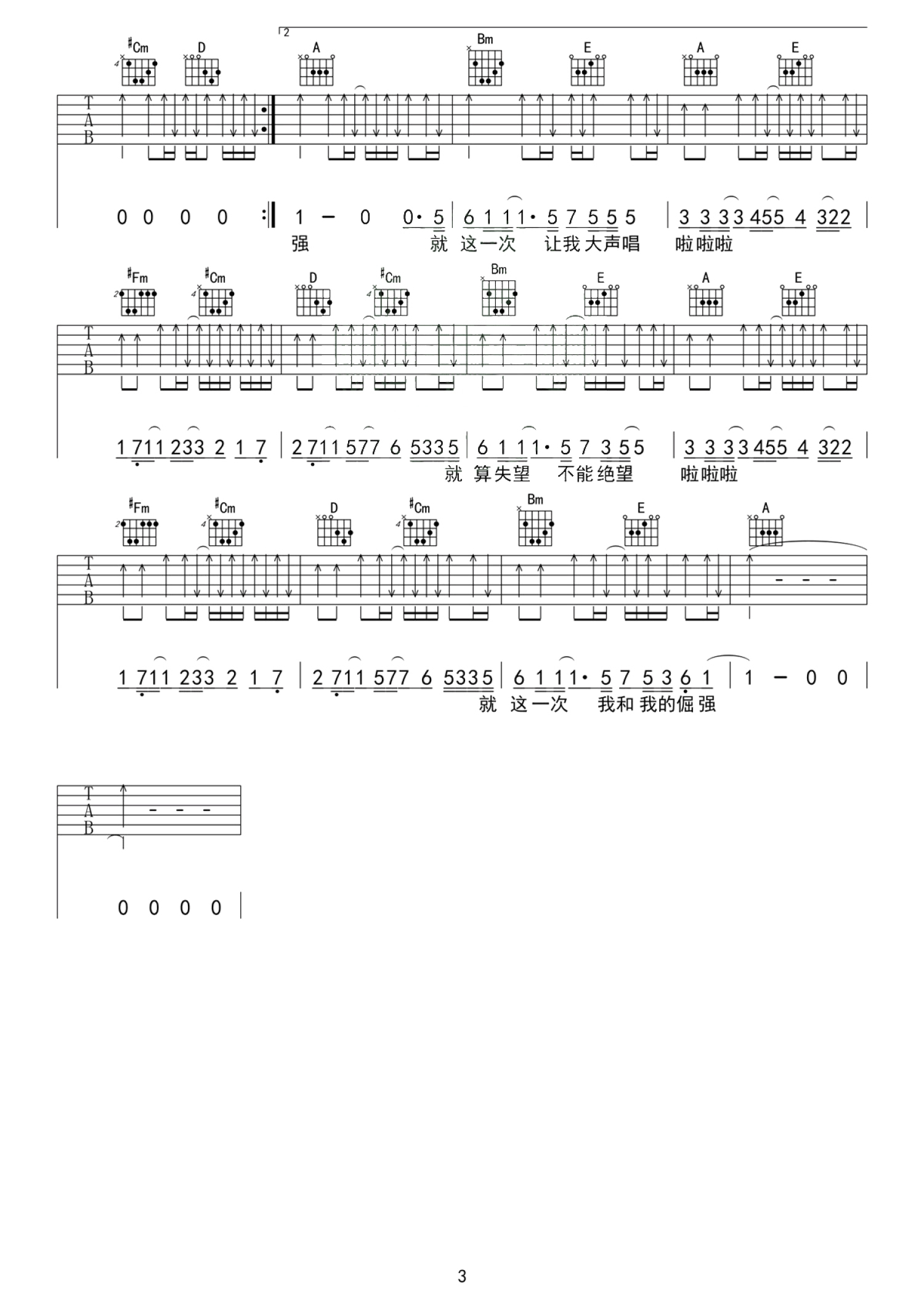 五月天吉他谱【倔强】指弹吉他六线谱-吉他曲谱 - 乐器学习网