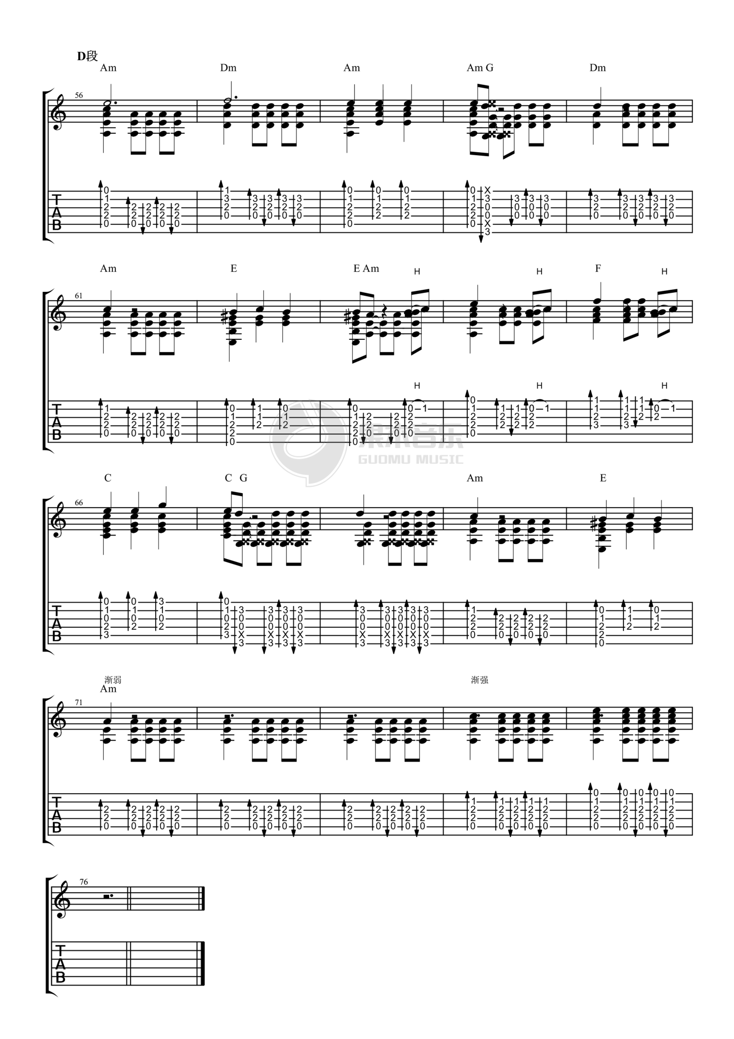 加勒比海盗主题曲吉他指弹谱 C调指法简单版-琴艺谱
