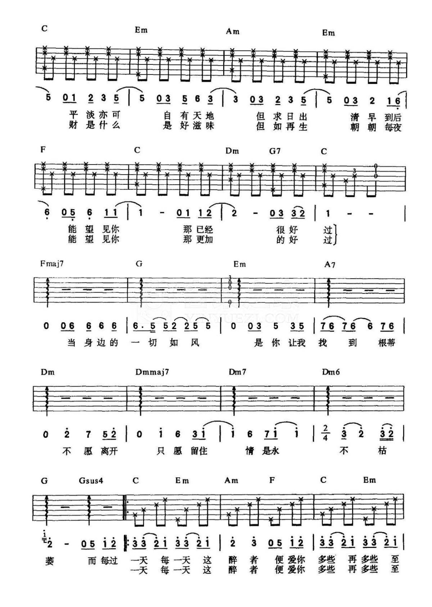 《我们的时代》吉他初学者必练六线谱 - 用C调编配的指法 - 吉他简谱