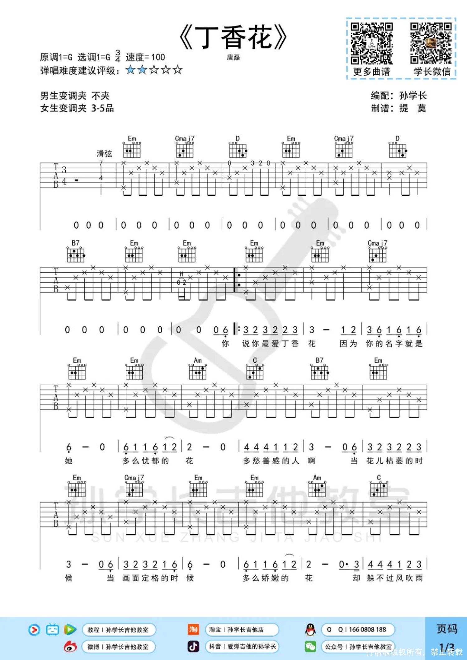 唐磊 - 丁香花 [老歌大叔吉他 弹唱 考级版] 吉他谱