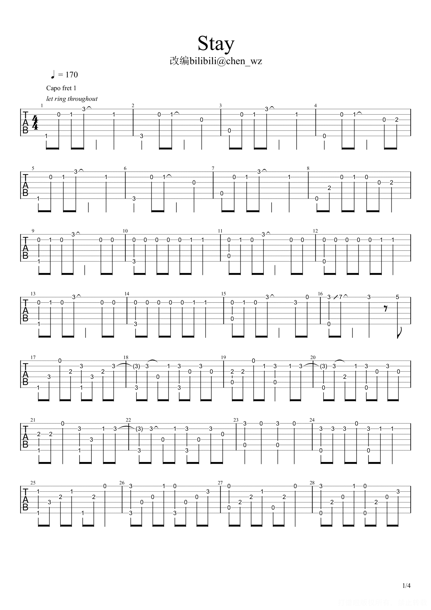 STAY吉他谱 - blackpink - 吉他弹唱谱 - 六线谱+五线谱 - 琴谱网
