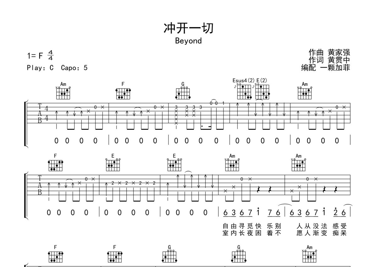 冲开一切吉他谱-Beyond-高清六线谱图片谱-99吉他谱网