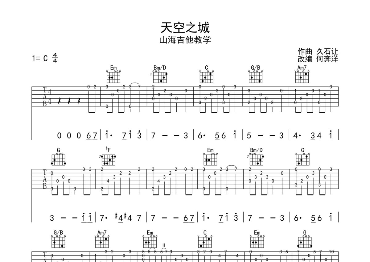 天空之城-指弹独奏(吉他曲谱_简易版) - 多来米,123