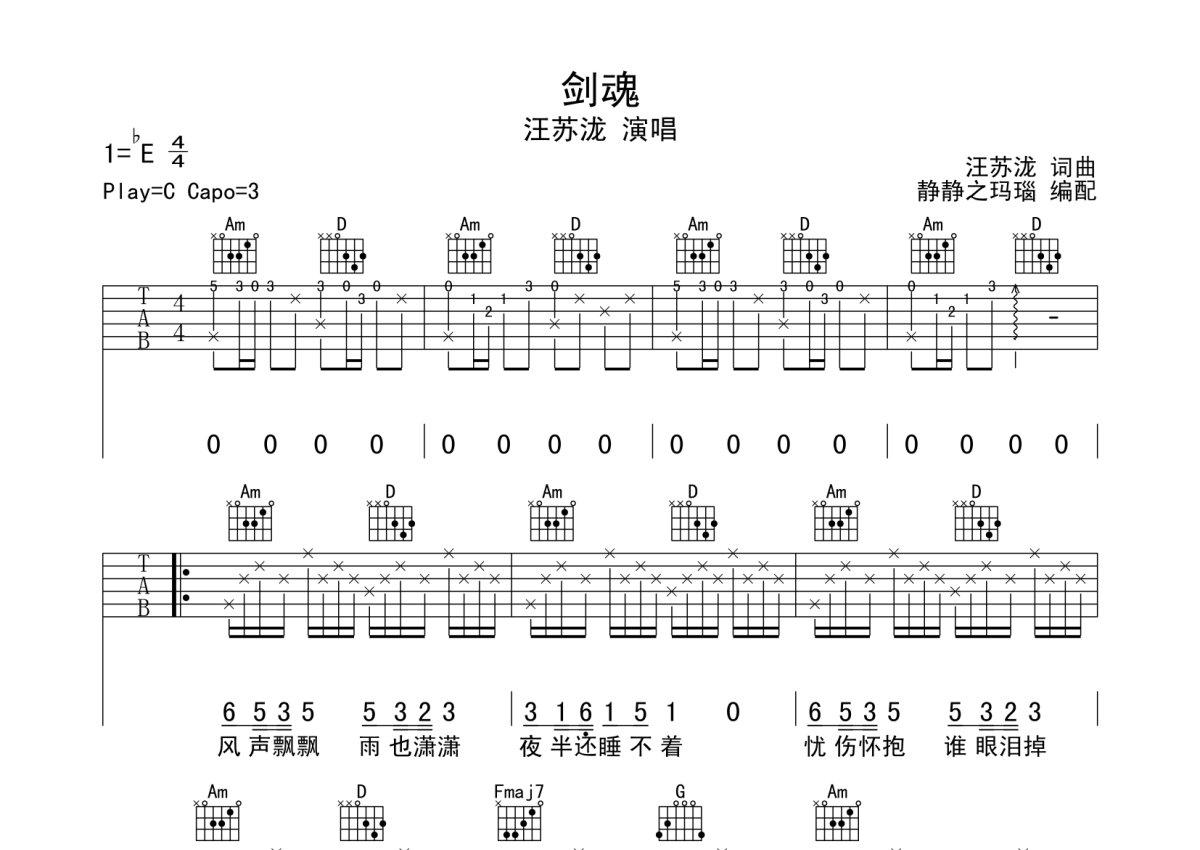 汪苏泷 - 一笑倾城（必弹吉他） [弹唱 伴奏 简单版] 吉他谱