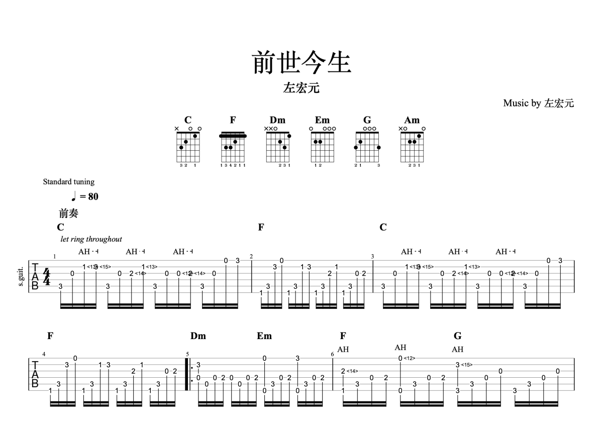 《左耳》吉他初学者必练六线谱 - 用C调编配的指法 - 吉他简谱